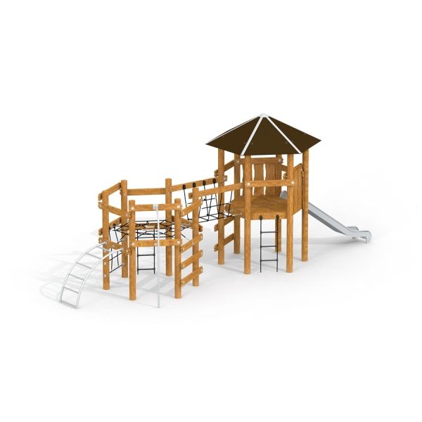 Struttura da gioco in legno Meru con scivolo e strutture per arrampicarsi.