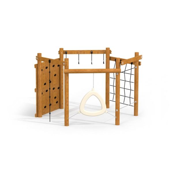 Sequoia wooden playhouse con reti e pareti da arrampicata.