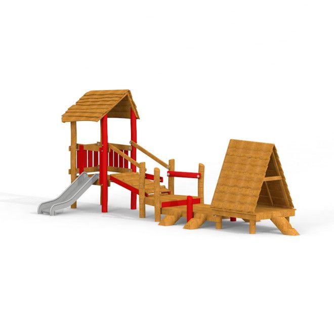 Struttura da gioco in legno Lasse's House con scivolo ed elementi da arrampicata