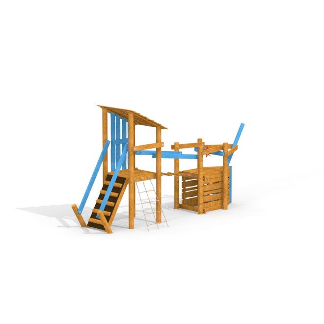 Struttura da gioco in legno Sven's Boat single playhouse con elementi da arrampicata e dettagli blu