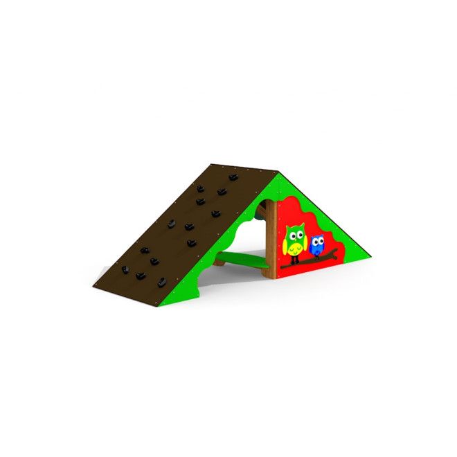 Tent wooden playhouse con parete da arrampicata e design colorato a gufo per il parco giochi
