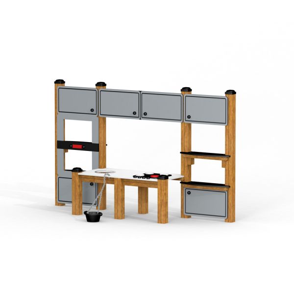Set cucina giocattolo per bambini con struttura in legno e armadietti grigi