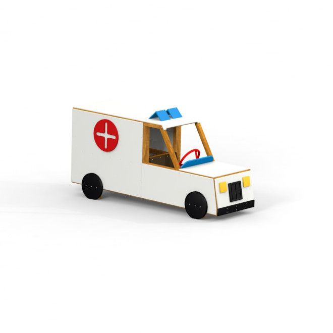 Veicolo giocattolo in legno Ambulance per parco giochi con simbolo della croce rossa