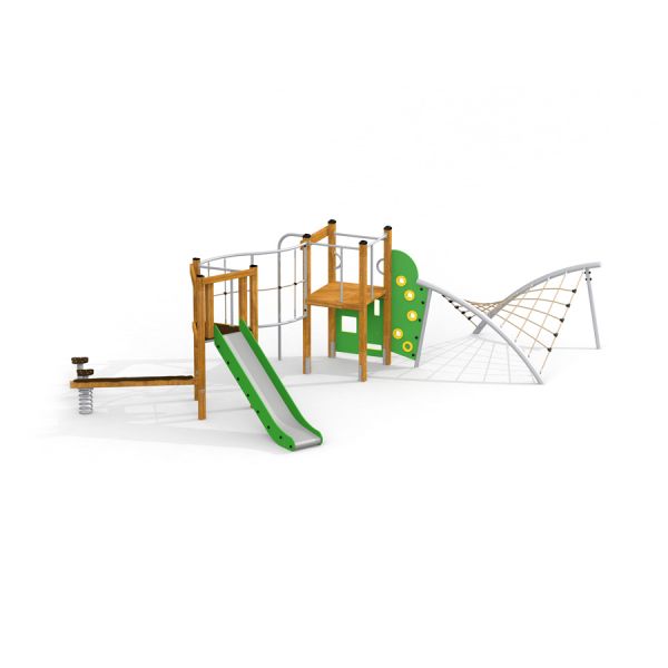 Set da parco giochi con scivolo, rete da arrampicata e molla di equilibrio, modello Inca.
