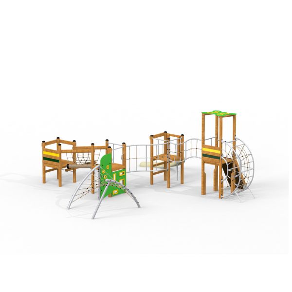 El Dorado wooden playhouse con strutture da arrampicata e reti per bambini.