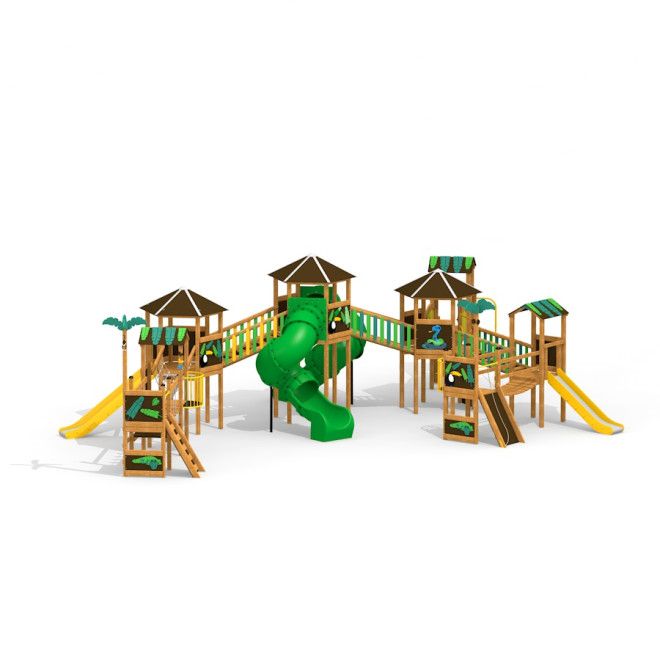 Attrezzatura da parco giochi Jungle City castle with slide con più scivoli e torri in legno