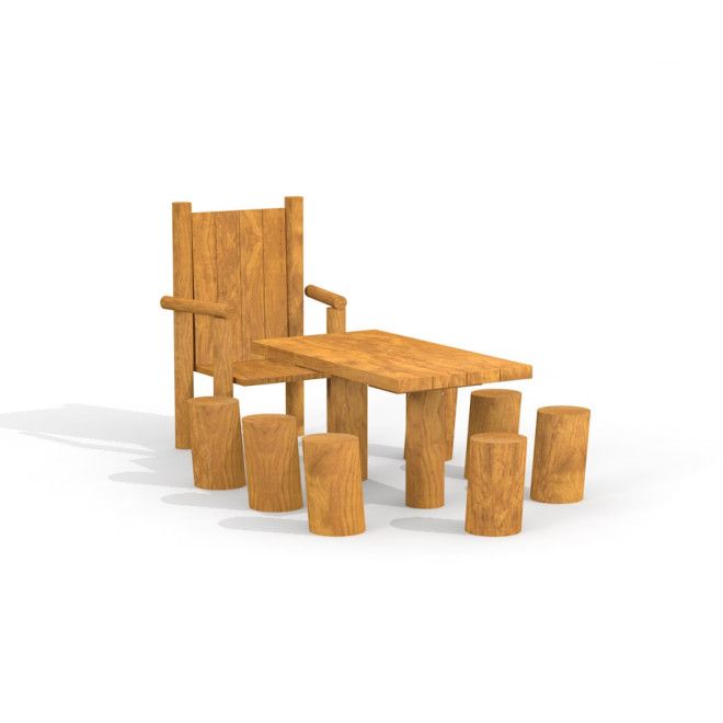 Table Nature with a Chair and Stools set di arredi da gioco in legno con finitura naturale