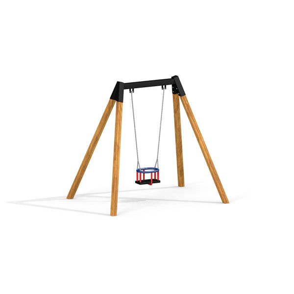 Baby Single Swing con struttura in legno e sedile rosso