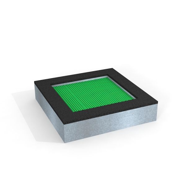 Square trampoline (125 cm) con tappeto elastico verde e struttura di sicurezza.