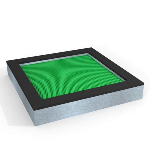 Square trampoline (200 cm) con tappeto elastico verde e telaio nero.