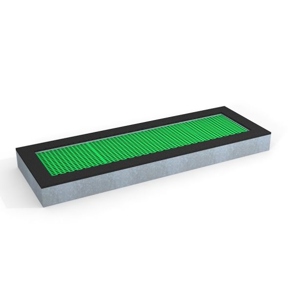 Rectangular trampoline con un tappeto elastico verde e bordo robusto.