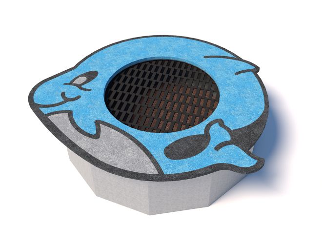 Dolphin round trampoline per bambini con design delfino blu.