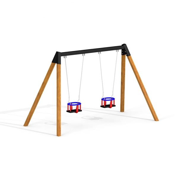 Double Baby Swing con struttura in legno e sedili rossi e blu su sfondo bianco