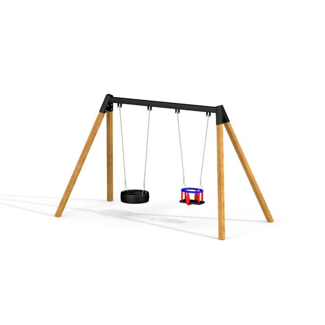 Double Swing con struttura in legno, seggiolino a cestello e altalena a pneumatico.
