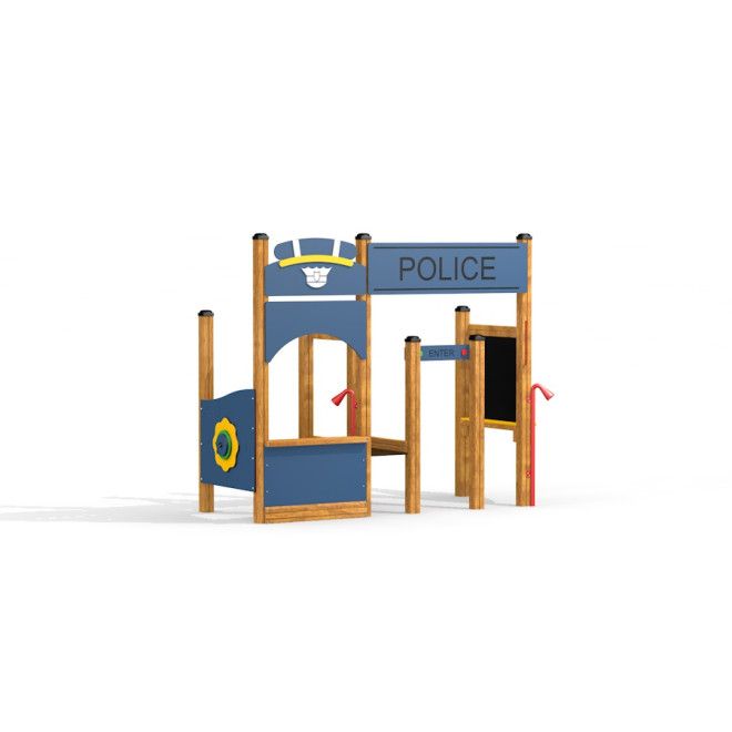 Attrezzatura da gioco Police realizzata in legno e pannelli blu con elementi interattivi per bambini.