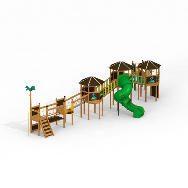 Jungle Village castle with slide struttura da gioco in legno con scivolo a spirale verde