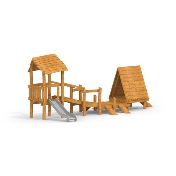 Galapagos wooden playhouse with slide per bambini.
