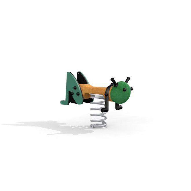 Attrezzature da parco giochi con altalena a molla Grasshopper rocking con seduta in legno e design a insetto verde.