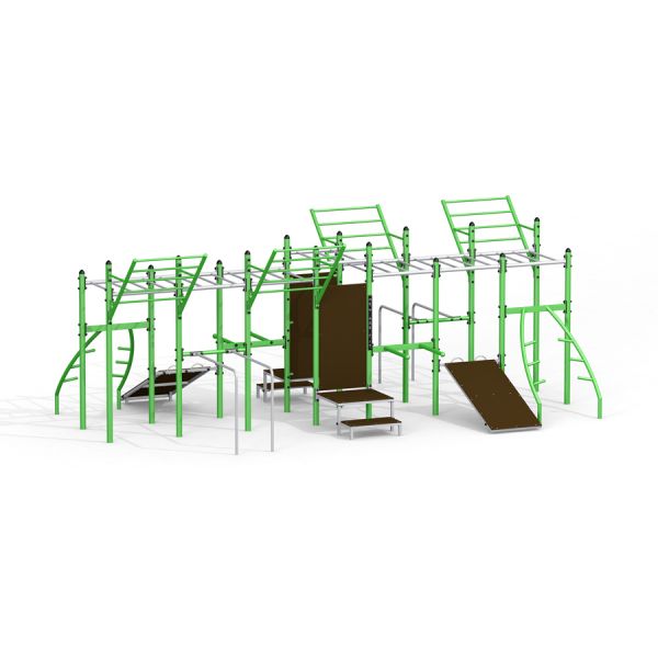 Attrezzatura per fitness all'aperto Grandis Training Set con barre e piattaforme da arrampicata verdi e marroni.