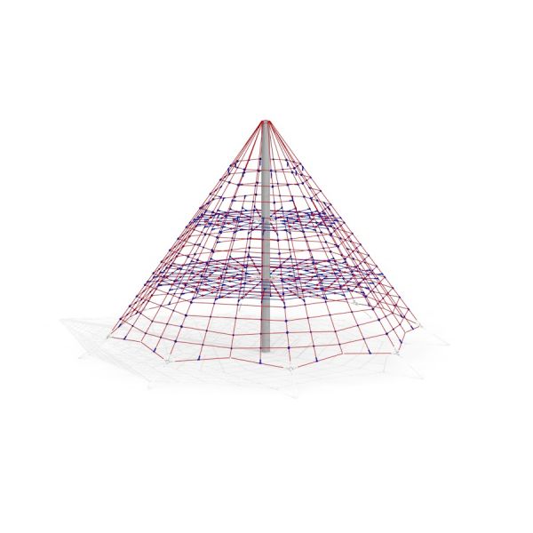 Tivano climbing net a forma di piramide con corde rosse e blu.