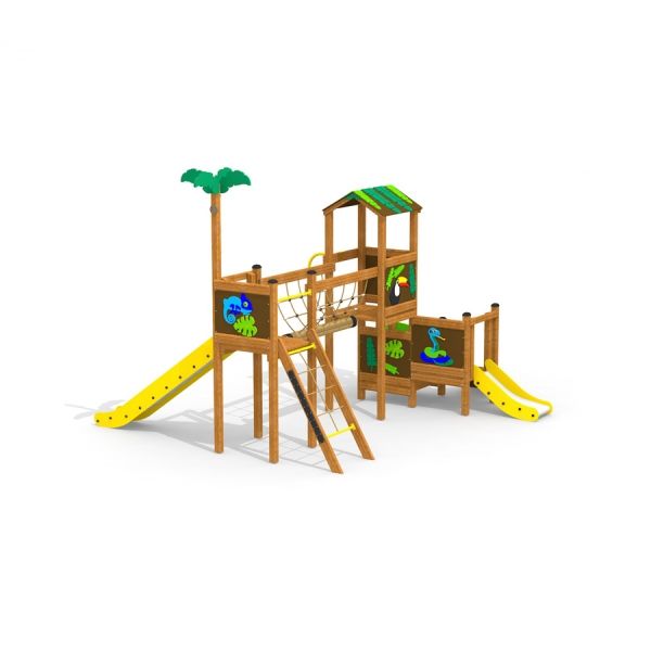 Struttura da parco giochi per bambini Jungle Bridge con torri in legno e scivoli.