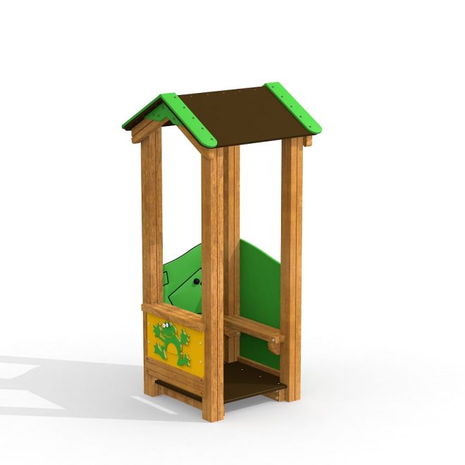 Struttura da gioco in legno Frog Playhouse con grafica di una rana sul lato.