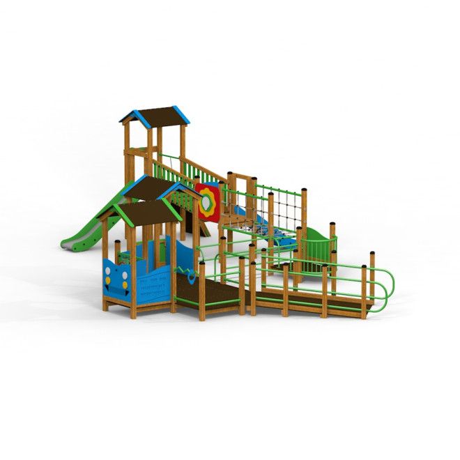 Epsilon inclusive playground con strutture da arrampicata, scivolo e rampe per bambini