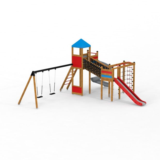 Twister w/ swing attrezzatura da parco giochi con scivolo, rete da arrampicata e due altalene