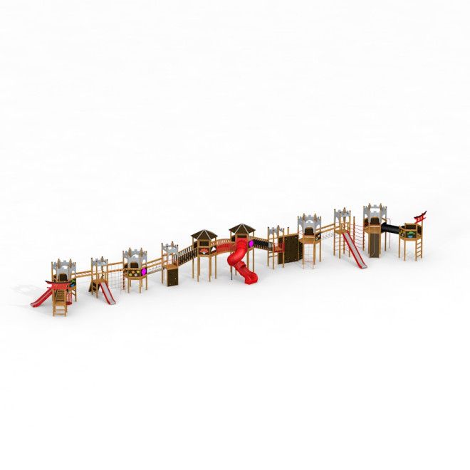 The Great Wall of China castle with slide struttura da gioco in legno con più torri e rosso s