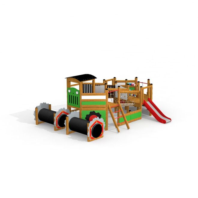 Harvester single slide struttura da parco giochi in legno con elementi di arrampicata e scivolo rosso