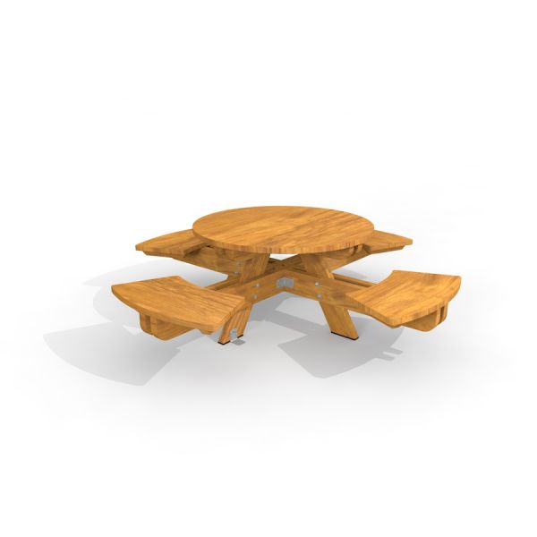 Tavolo rotondo con panche integrate in legno.