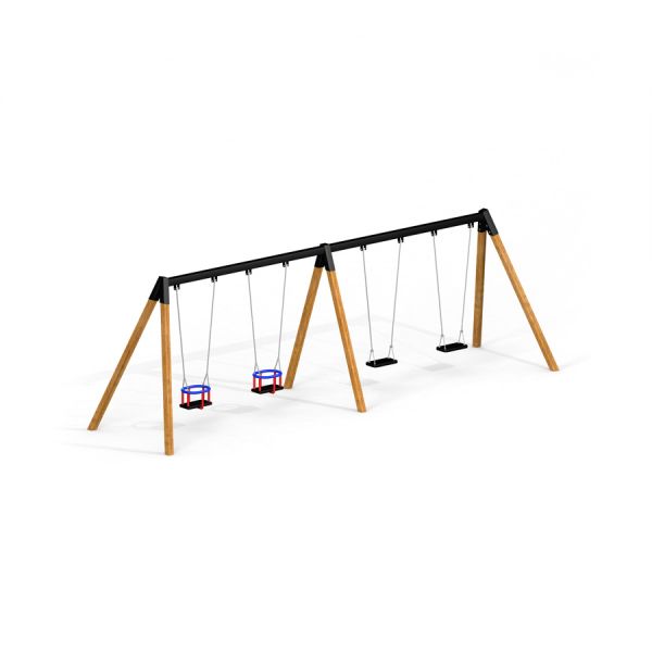 2+2 multiple swing con telai in legno e quattro altalene, comprese due altalene per neonati.