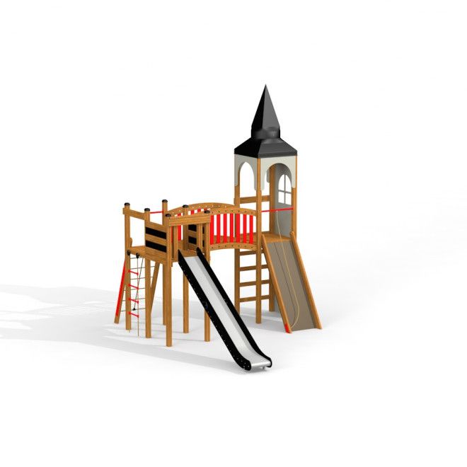 Attrezzatura da parco giochi castello Alcazar in legno con scivolo, con due scivoli ed elementi di arrampicata