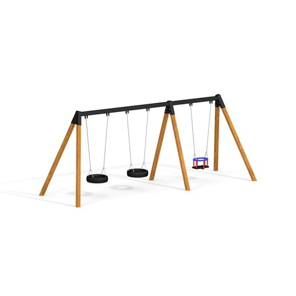 1+2 multiple swing con struttura in legno e tre sedili, incluso un seggiolino per neonati