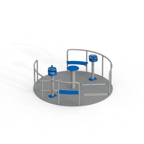 Giostra accessibile in sedia a rotelle per 2 persone con sedili blu e struttura grigia.