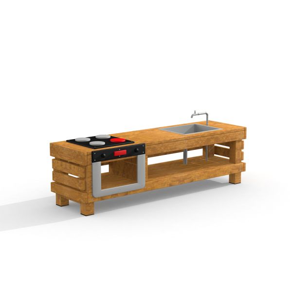Kitchen Table in legno con fornello e lavello.