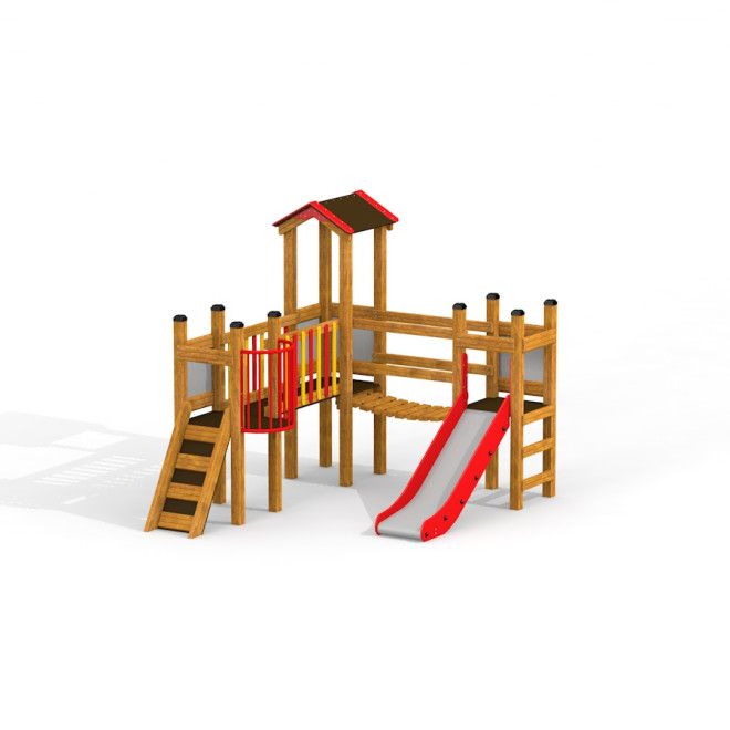 Casetta Fortress II per bambini con struttura in legno e scivolo rosso