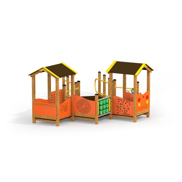 Lambda inclusive playground set con pannelli colorati e strutture di gioco
