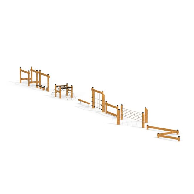 Trim Trail Line attrezzatura da gioco da esterno in legno con vari ostacoli.