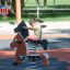Bambino che gioca su un gioco a molla nero Pony rocking nel parco giochi