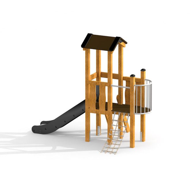 Casetta da gioco in legno Pixie Modern Nature con scivolo nero e rete da arrampicata