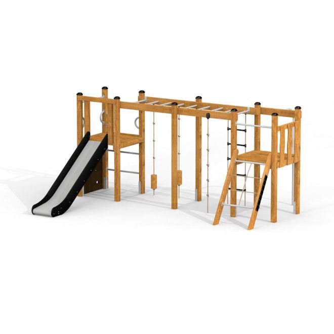 Struttura in legno per parco giochi Zebra Modern Nature single slide con scivolo ed elementi di arrampicata