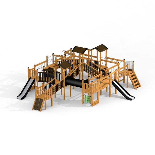 Windsor Modern Nature castle with slide, una grande struttura in legno per parco giochi con più scivoli an