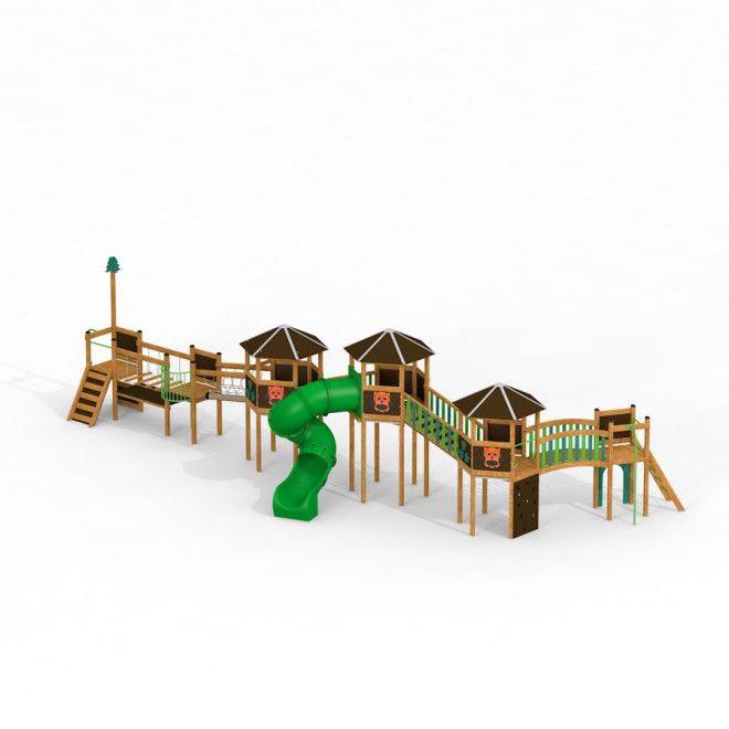 Forest Village castle with slide struttura da gioco con torri in legno e scivolo a tubo verde