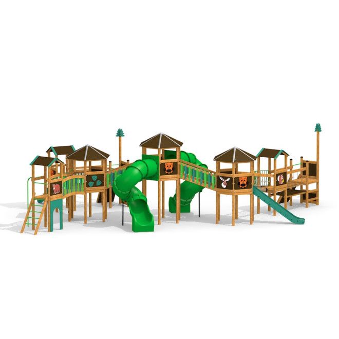 Forest City castle with slide struttura da gioco in legno con tubo verde e scivoli dritti