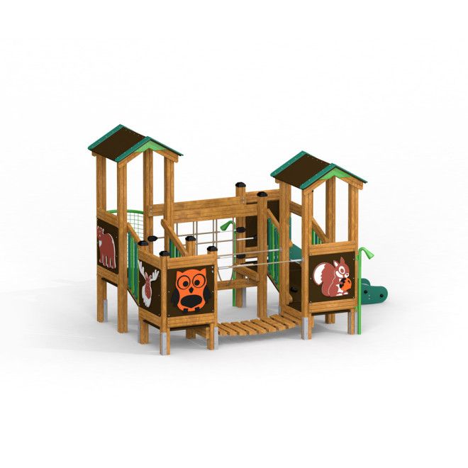 Forest Treehouse playhouse with slide struttura da gioco in legno con illustrazioni di animali e