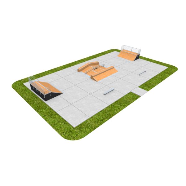 Skate Park 05 con rampe, rail per grind e quarter pipe su una superficie in cemento.