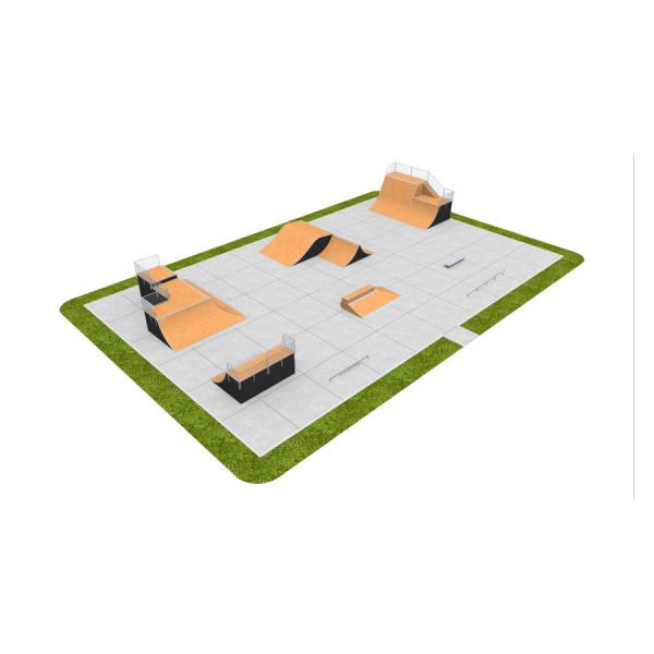 Skate Park 13 con rampe e rail su una superficie in cemento'