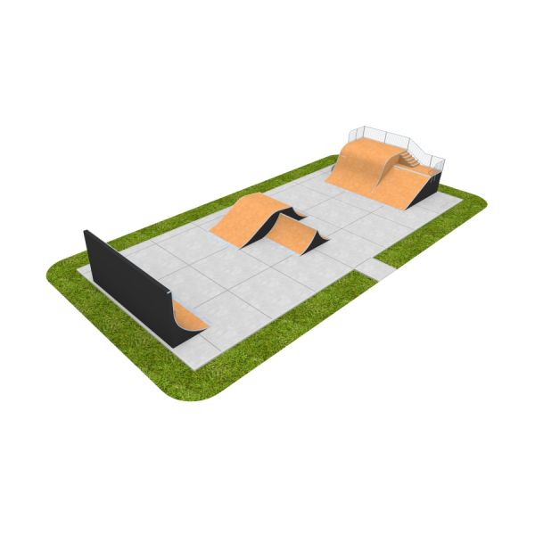 Skate Park 14 con varie rampe, rail e ostacoli da skateboard su una piattaforma in cemento circostante