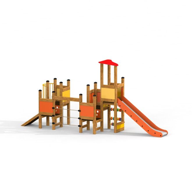 Tower with Slide struttura da arrampicata per parco giochi con scivolo arancione e telaio in legno